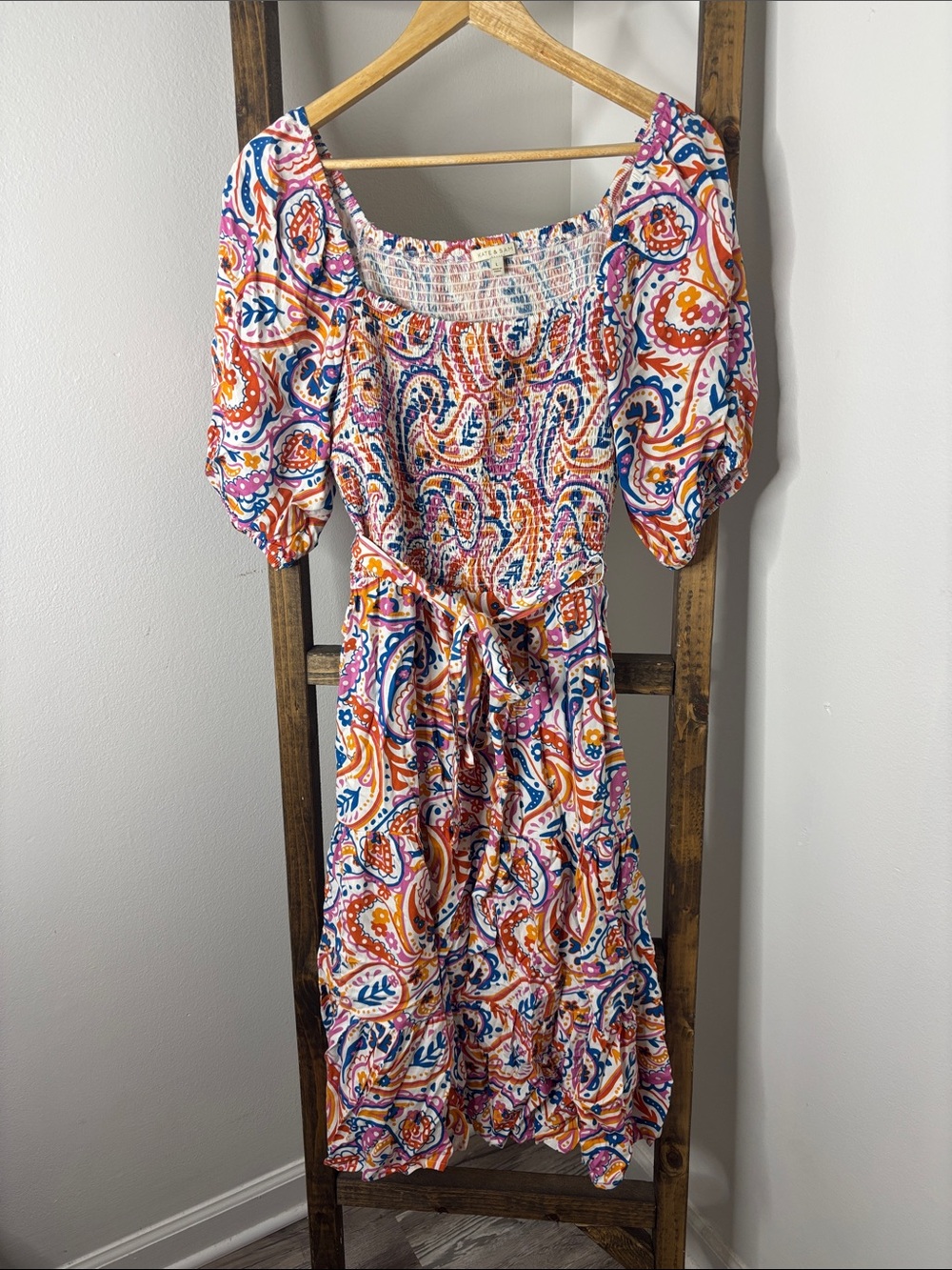 Kate & Sam Smocked Paisley Midi Dress in Multicolor Size L